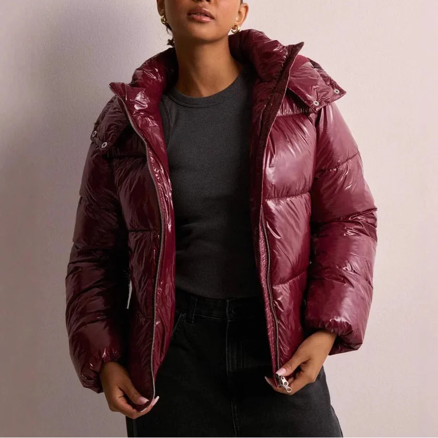Puffer Jacket Women Hooded Quilted Glossy Finish