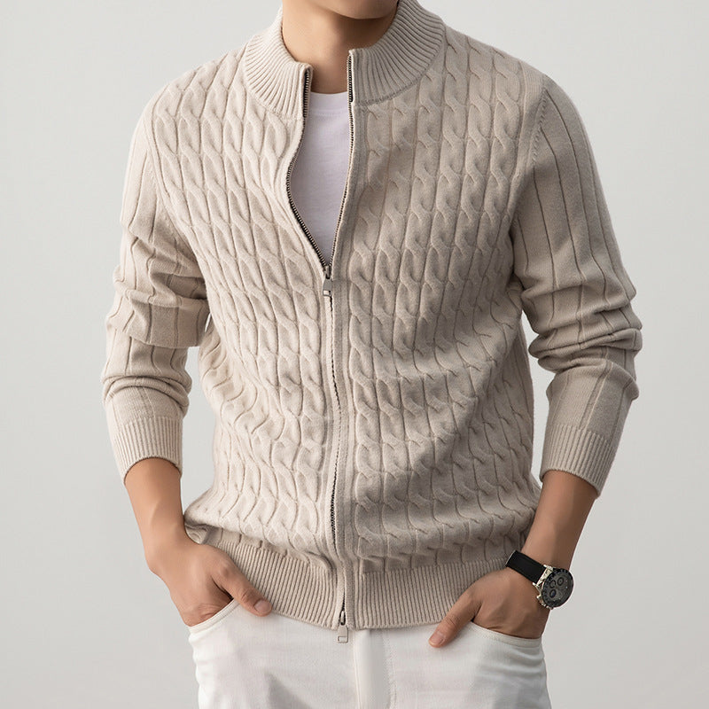 Men's Wool Cardigan with Zipper and Cable-Knit Pattern