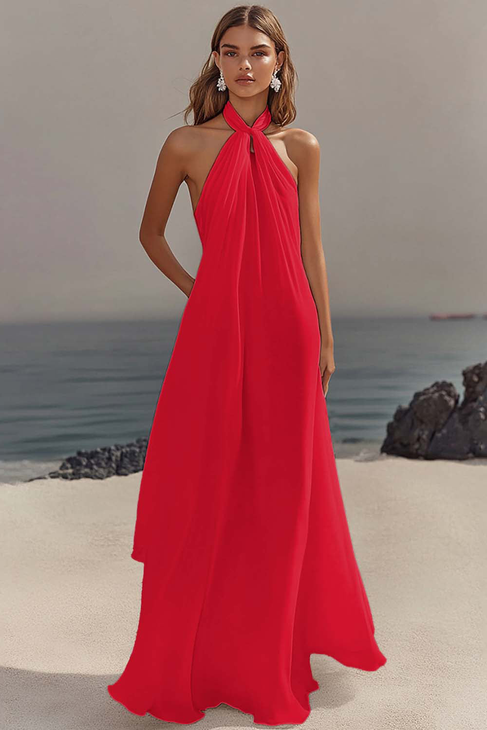 White Chiffon A-Line Halter Maxi Dress