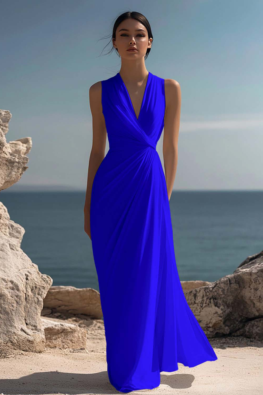 White Chiffon Ruched Sheath Maxi Dress