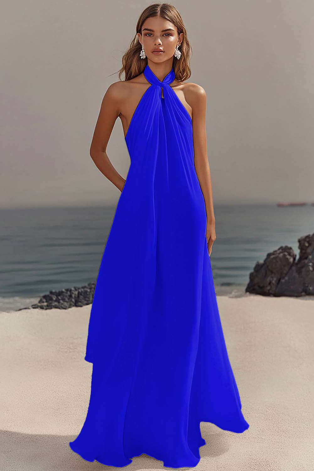 White Chiffon A-Line Halter Maxi Dress