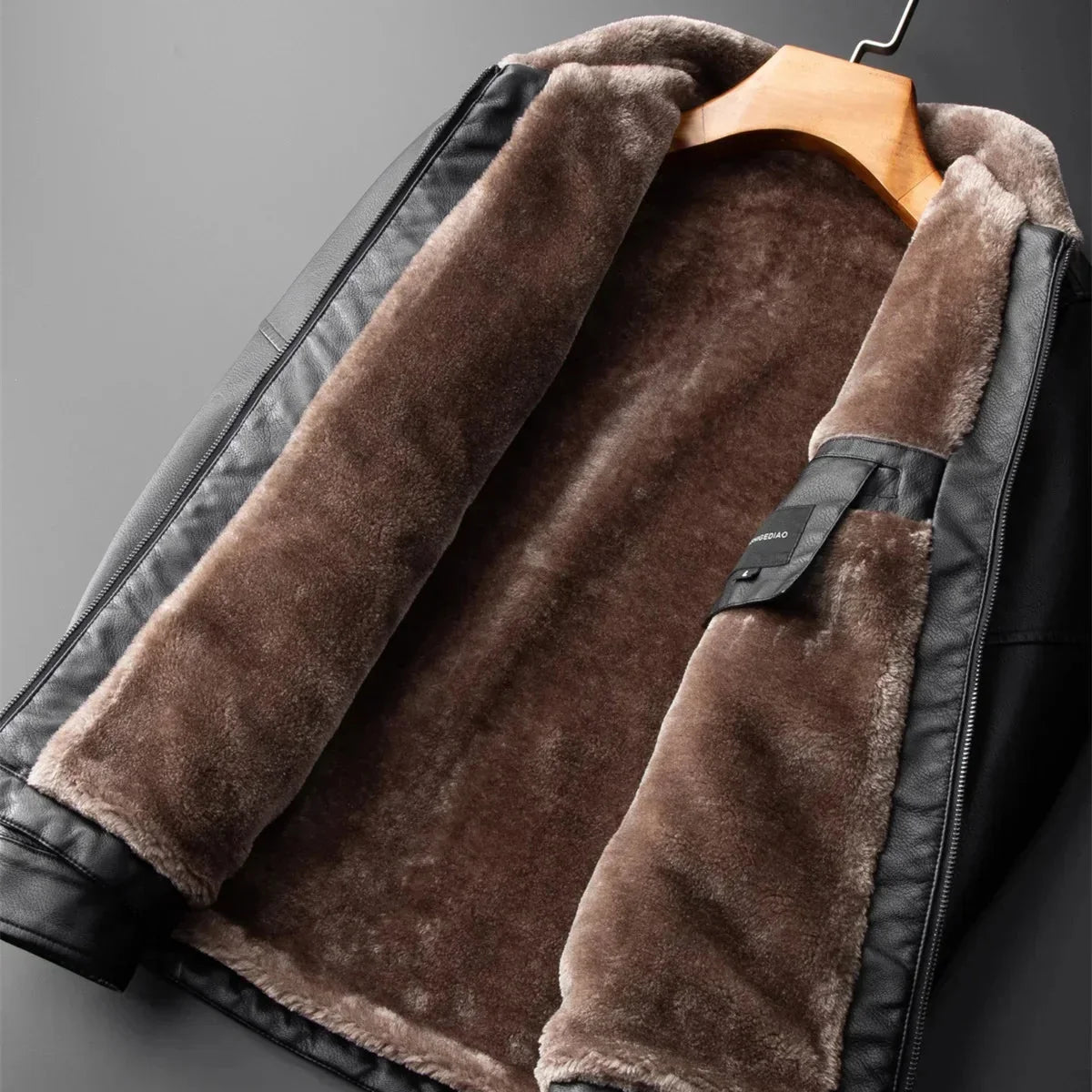 Men’s Winter Jacket Fleece-Lined Leather with Turn-Up Collar