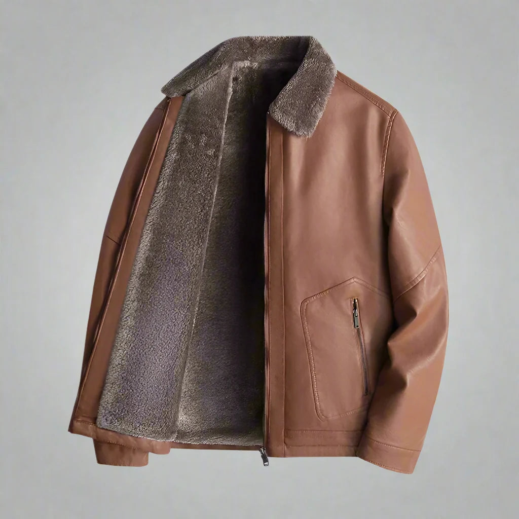 Men’s Winter Jacket Fleece-Lined Leather with Turn-Up Collar