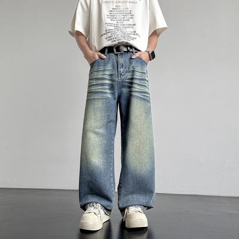Men's Baggy Jeans in Faded Denim with Exposed Stitching