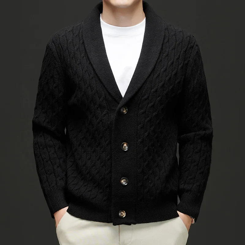 Men's Wool Cardigan with Shawl Collar and Cable Knit