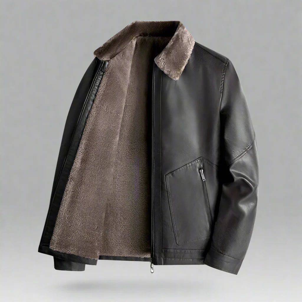 Men’s Winter Jacket Fleece-Lined Leather with Turn-Up Collar