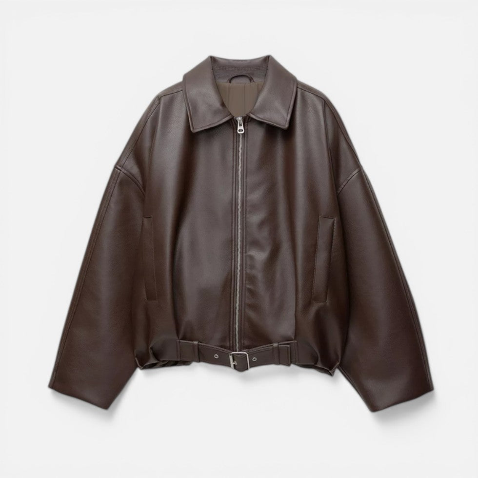 Women’s Oversized Leather Bomber Jacket with Belt