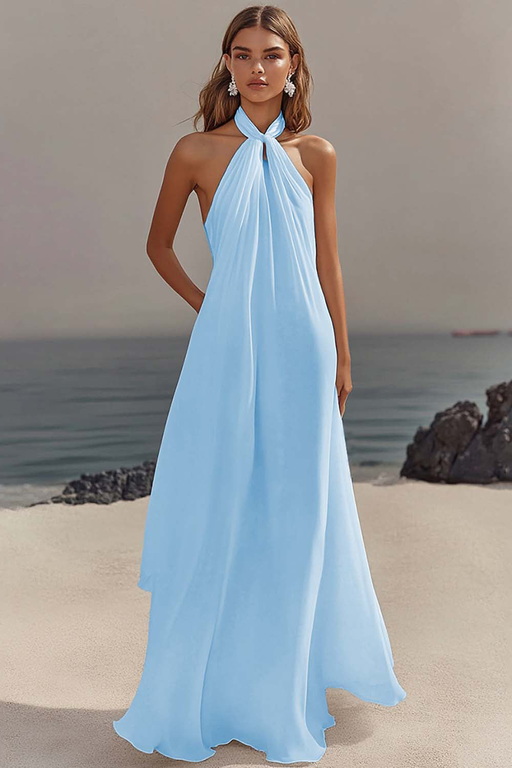 White Chiffon A-Line Halter Maxi Dress