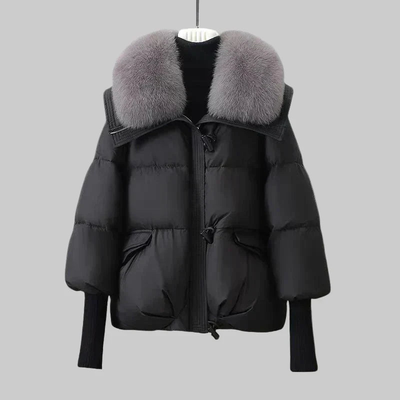 Puffer Jacket Women Faux Fur Collar Ribbed Cuffs