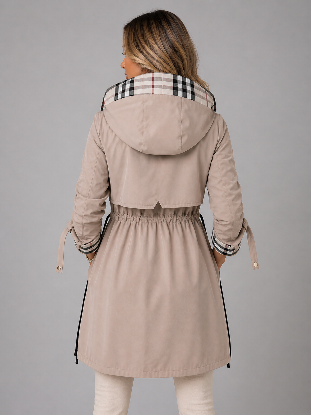 Women's Longline Hooded Trench Coat with Adjustable Waist and Zip
