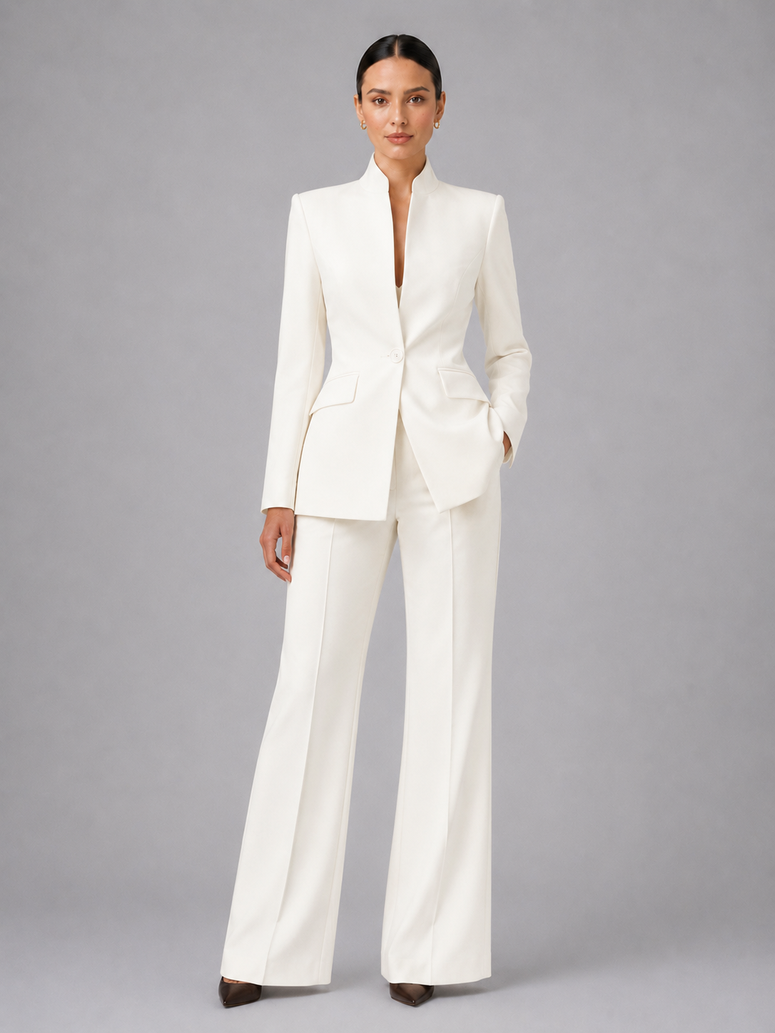 Women’s Suit with a Collarless Blazer and Palazzo Trousers