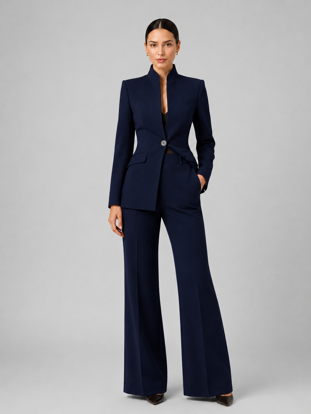 Women’s Suit with a Collarless Blazer and Palazzo Trousers