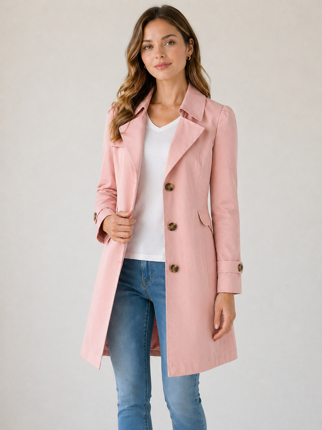 Women's Short Cotton Blend Tailored Trench Coat with Buttons