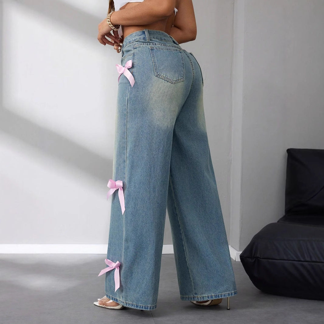 Baggy Jeans Women High Waist Wide Leg Bow Detail