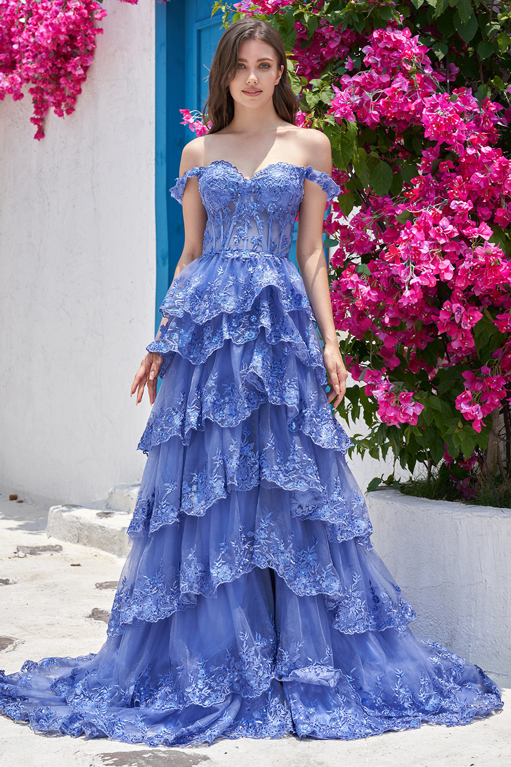Black Off-Shoulder Tiered Formal Maxi Dress