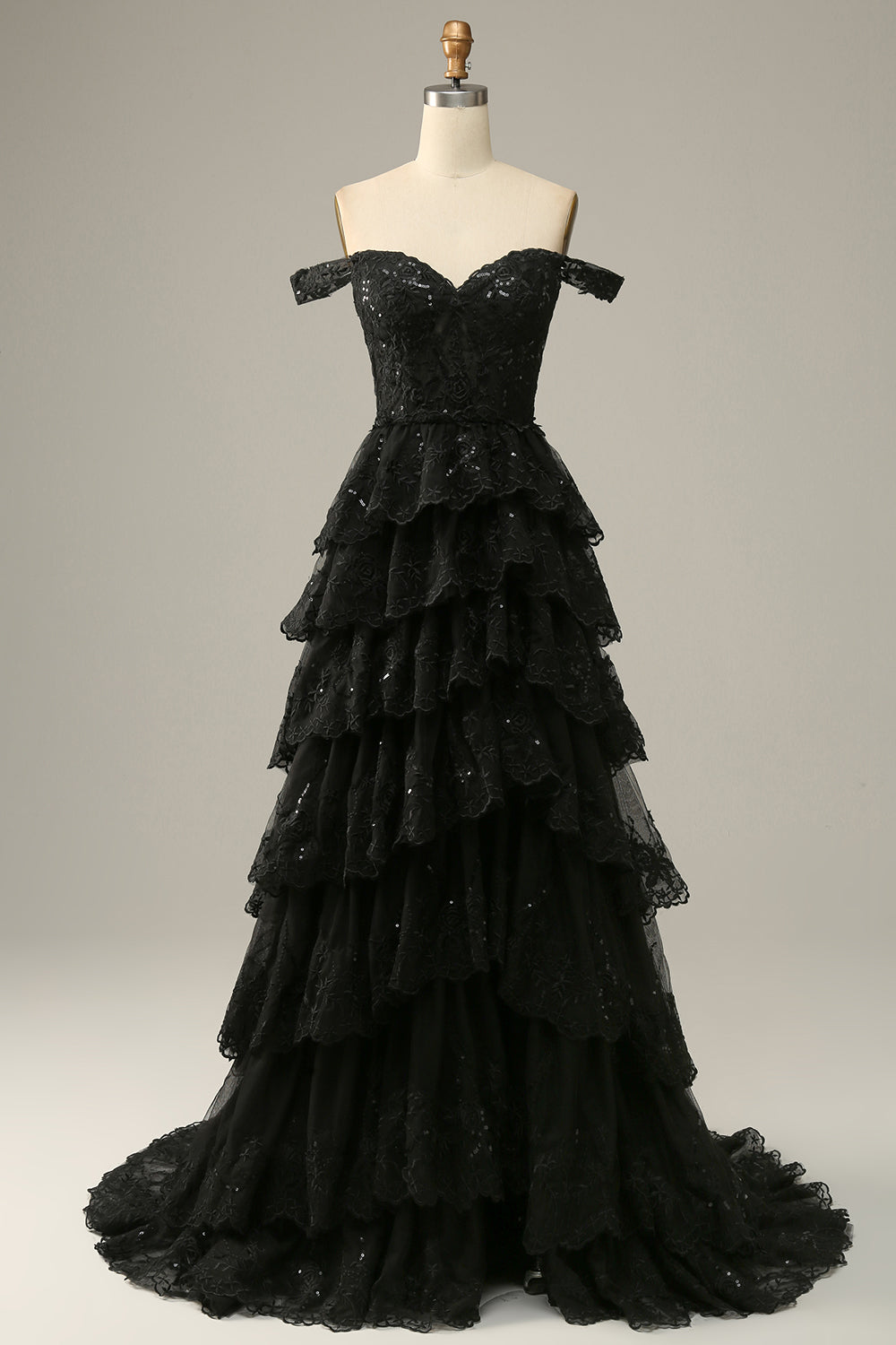 Black Off-Shoulder Tiered Formal Maxi Dress