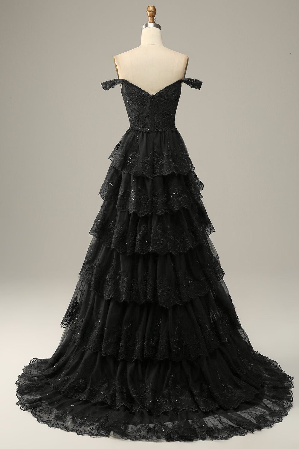 Black Off-Shoulder Tiered Formal Maxi Dress