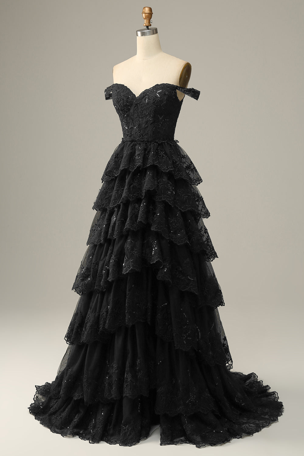 Black Off-Shoulder Tiered Formal Maxi Dress