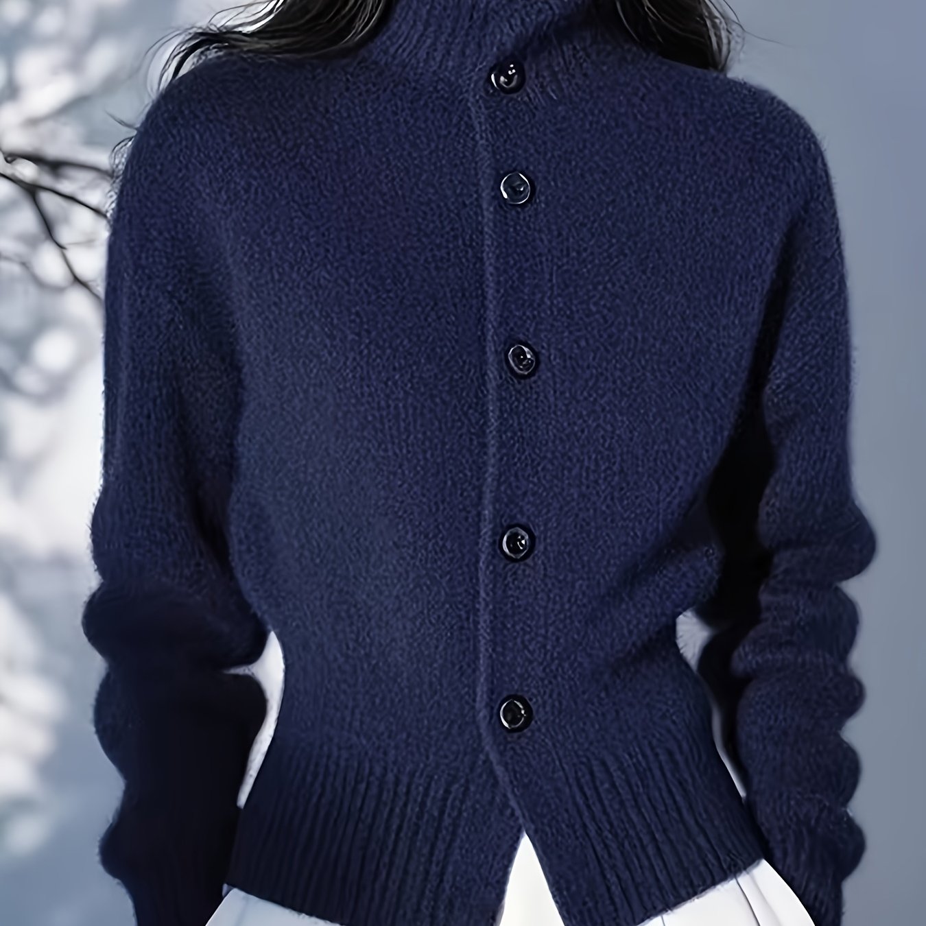 Women's High-Neck Cardigan with Buttons, Slim Fit