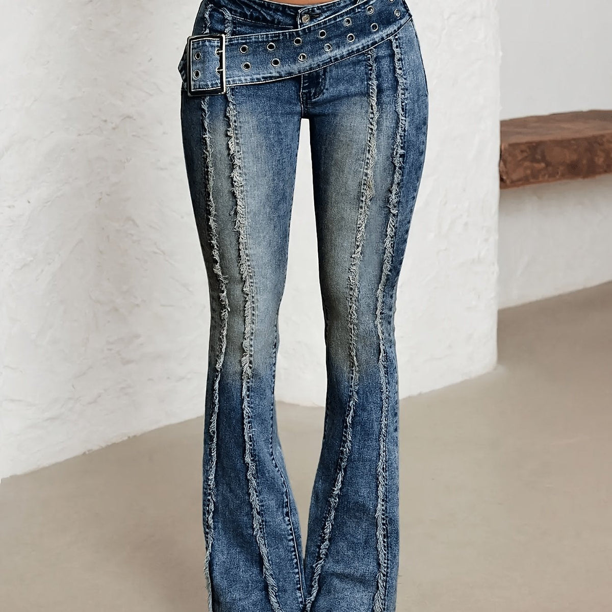Low Rise Distressed Flare Jeans with Buckle