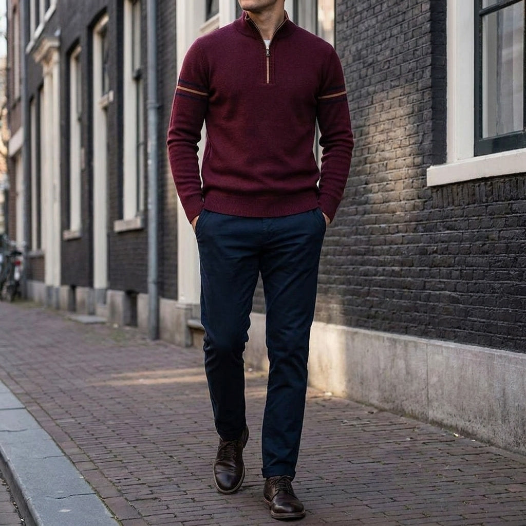 Men’s Quarter Zip Sweater with Contrast Stripes