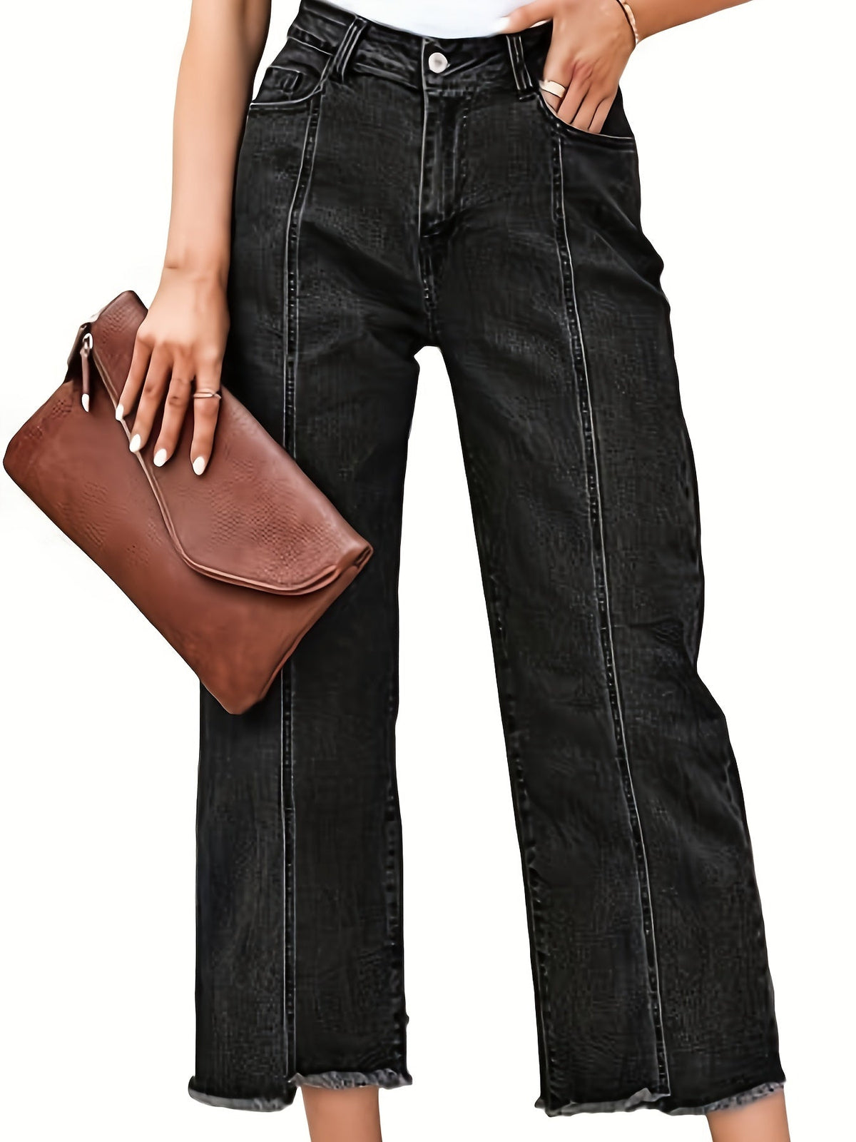 Baggy Jeans a Vita Alta Gamba Dritta Cropped