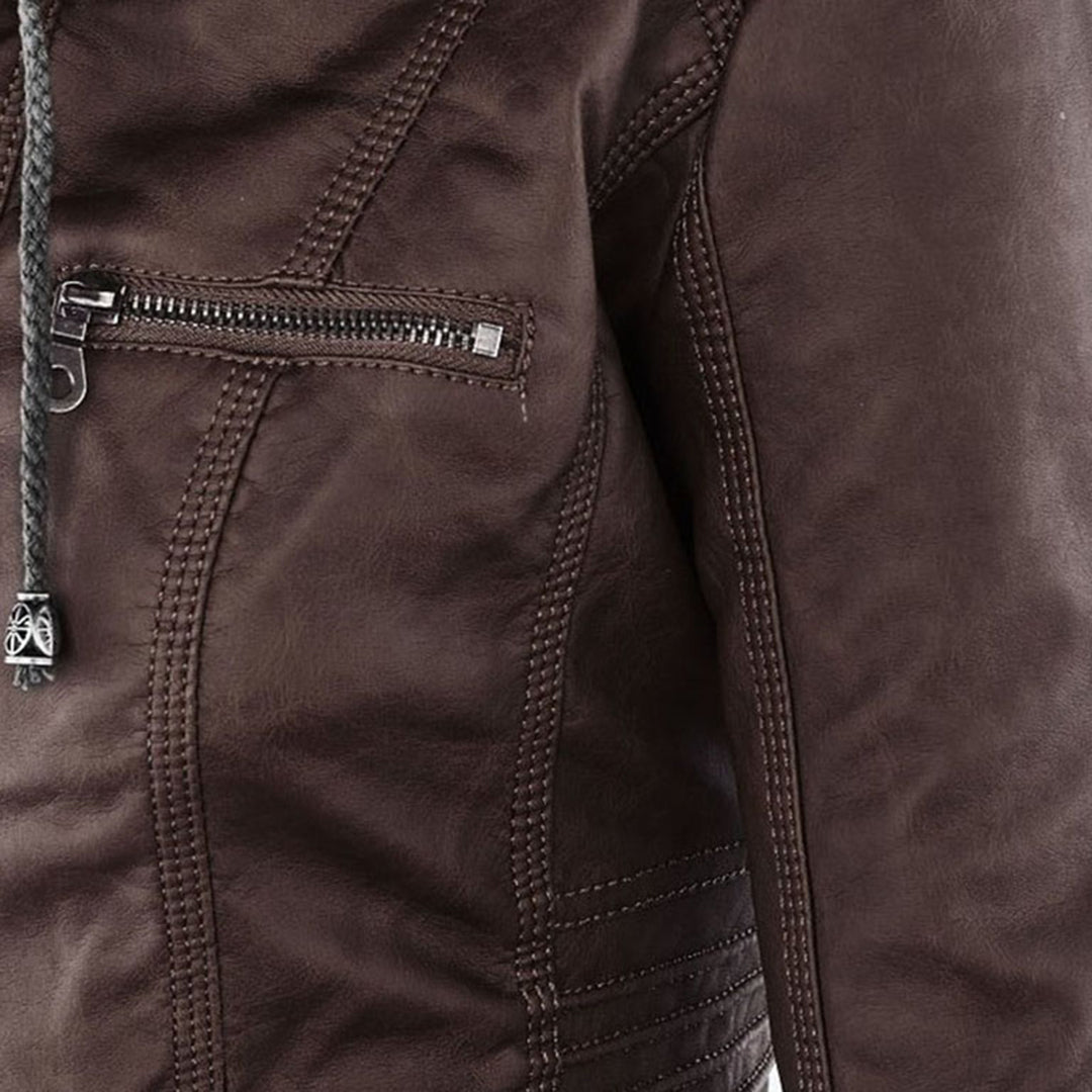 Women’s Quilted Leather Motorcycle Jacket with Hood