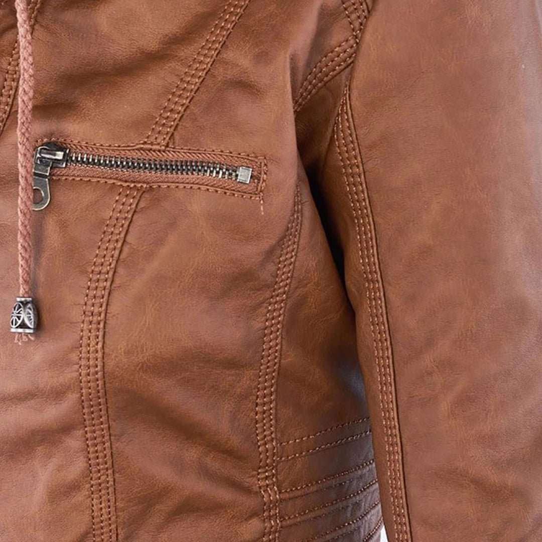 Women’s Quilted Leather Motorcycle Jacket with Hood