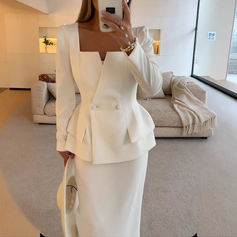 Women’s Suit With Long-Sleeved Top and Midi Skirt