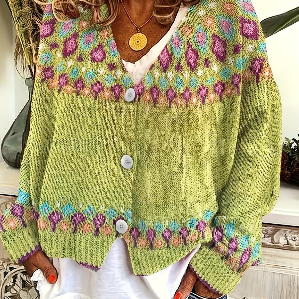 Women's Cardigan with Nordic Pattern, Buttons, and V-Neck