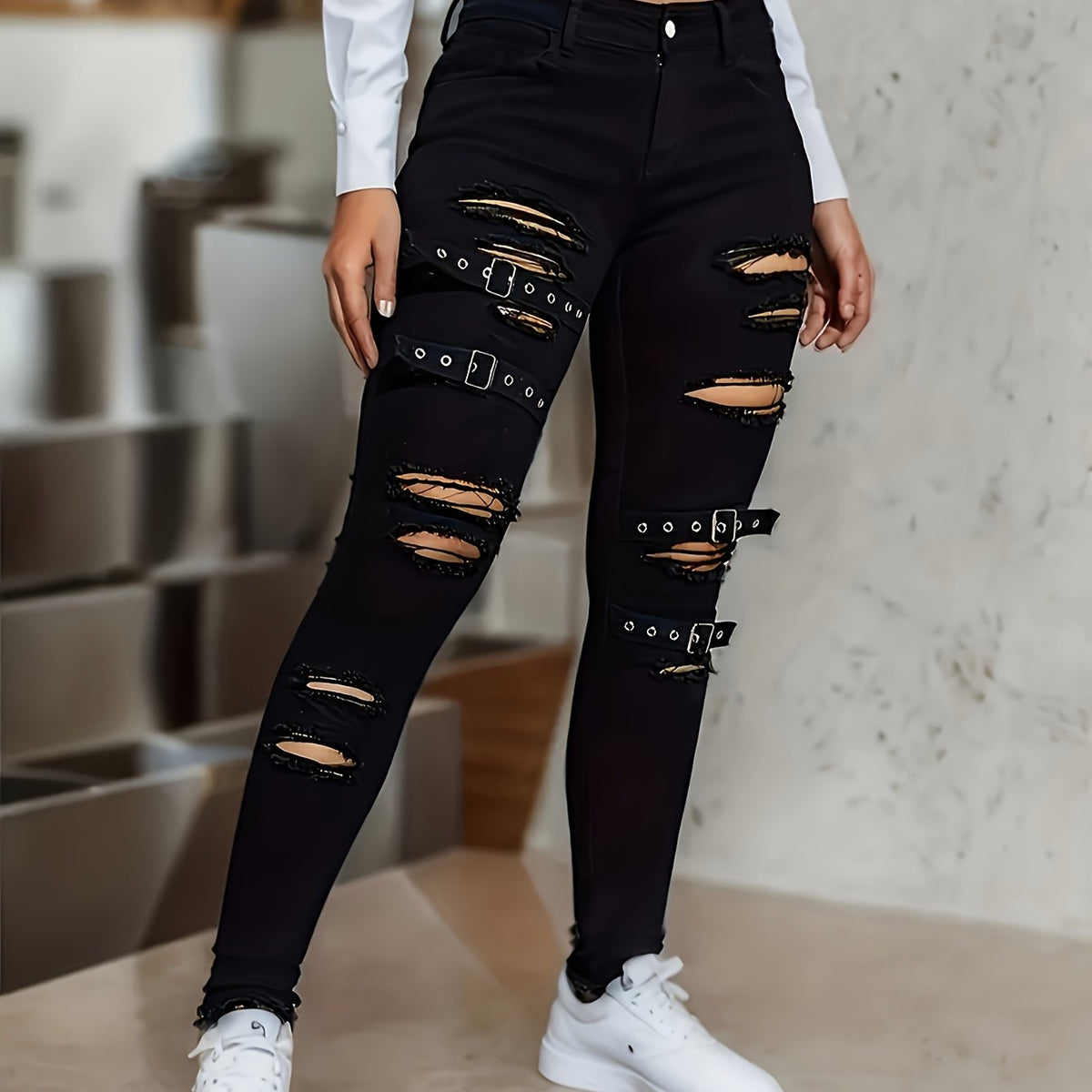 Women's Black Jeans with Distressed Wide-Leg Buckles