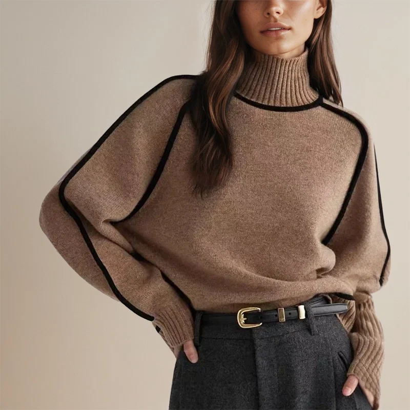 Oversized Turtleneck Sweater with Contrast Trim