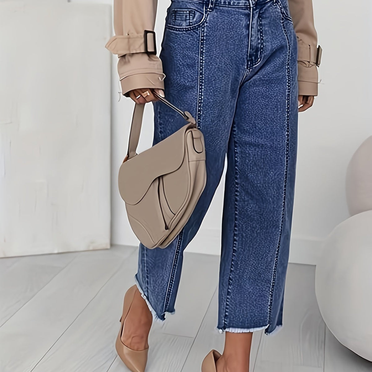 Baggy Jeans a Vita Alta Gamba Dritta Cropped