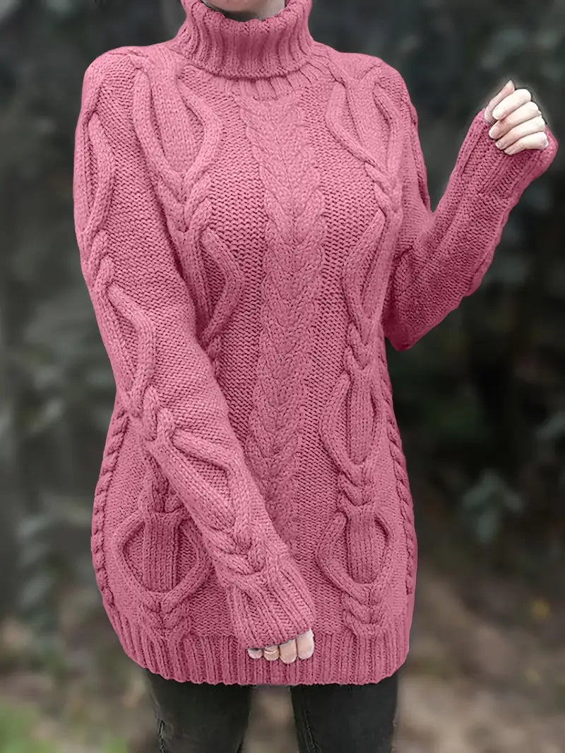 Oversized Turtleneck Sweater with Long Cables, Hip-Length