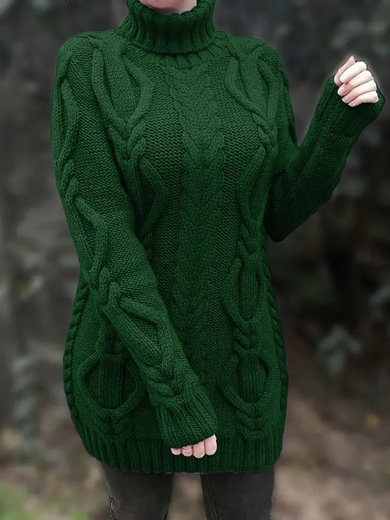 Oversized Turtleneck Sweater with Long Cables, Hip-Length