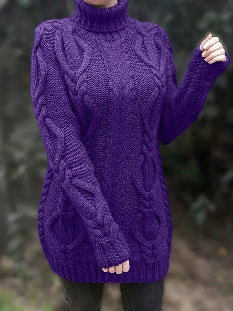Oversized Turtleneck Sweater with Long Cables, Hip-Length