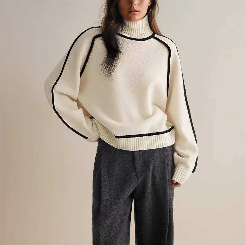 Oversized Turtleneck Sweater with Contrast Trim
