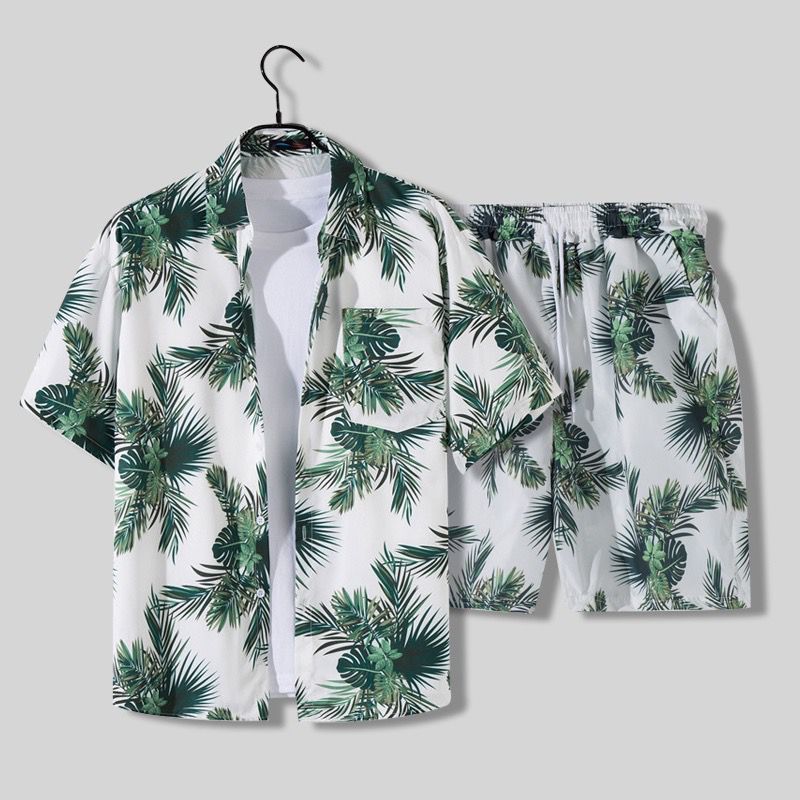 Men’s Casual Palm Print Shirt and Shorts Outfit