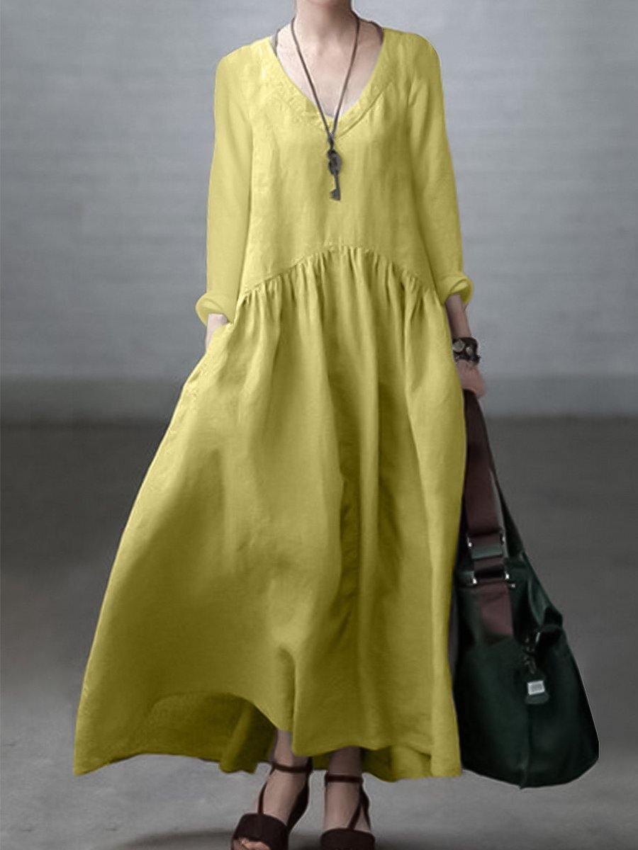 Loose V-Neck Cotton Linen Maxi Dress