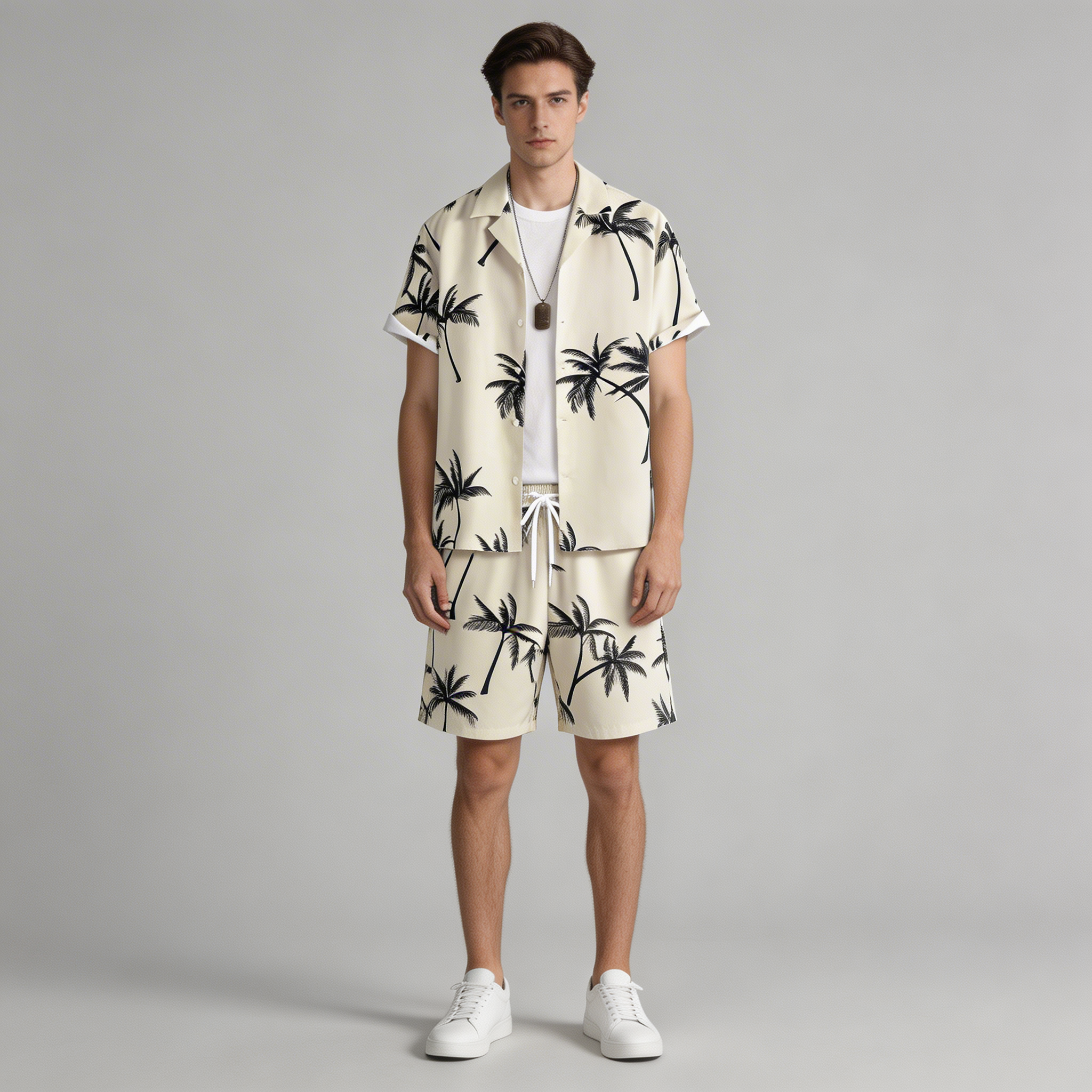 Men’s Casual Palm Print Shirt and Shorts Outfit