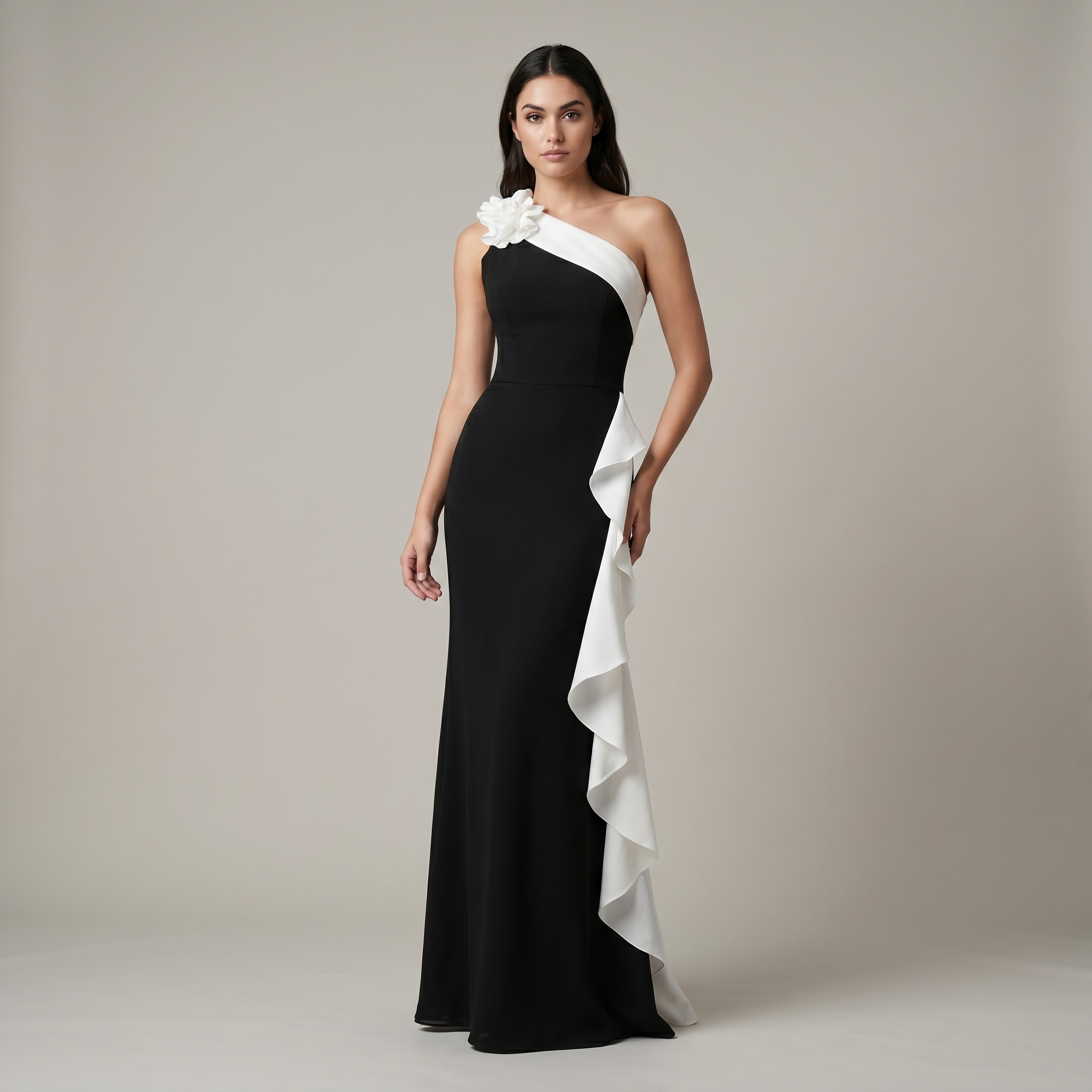 Long Black Tie Dress – One Shoulder Floral Design