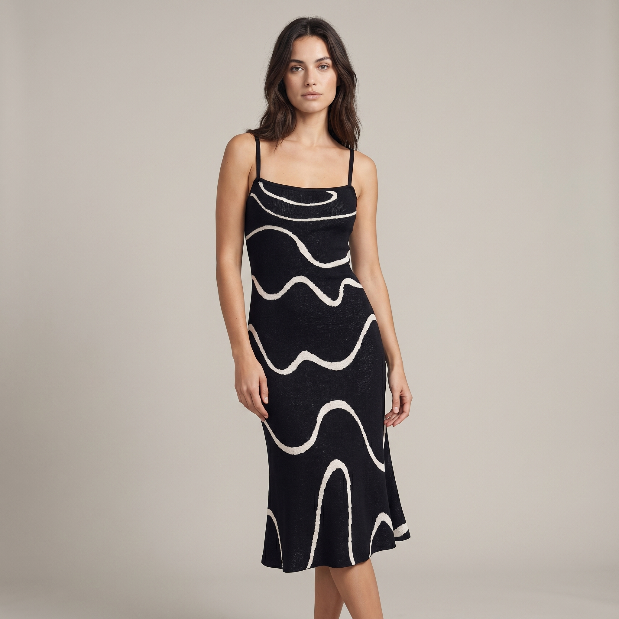 Black Wave Mermaid Hem Knit Midi Dress