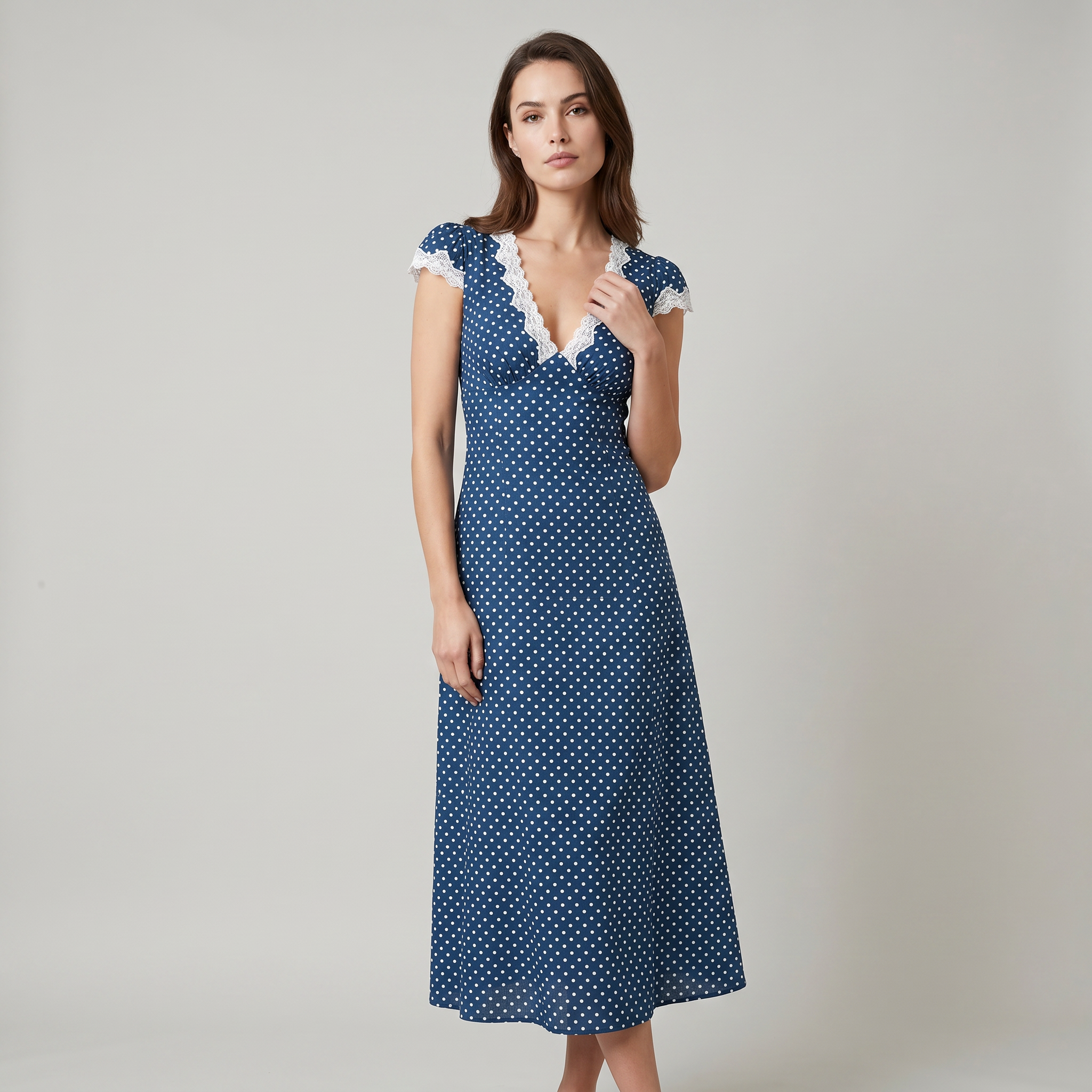 The Navy V Neck Polka Dot Lace Ruched Maxi Dress