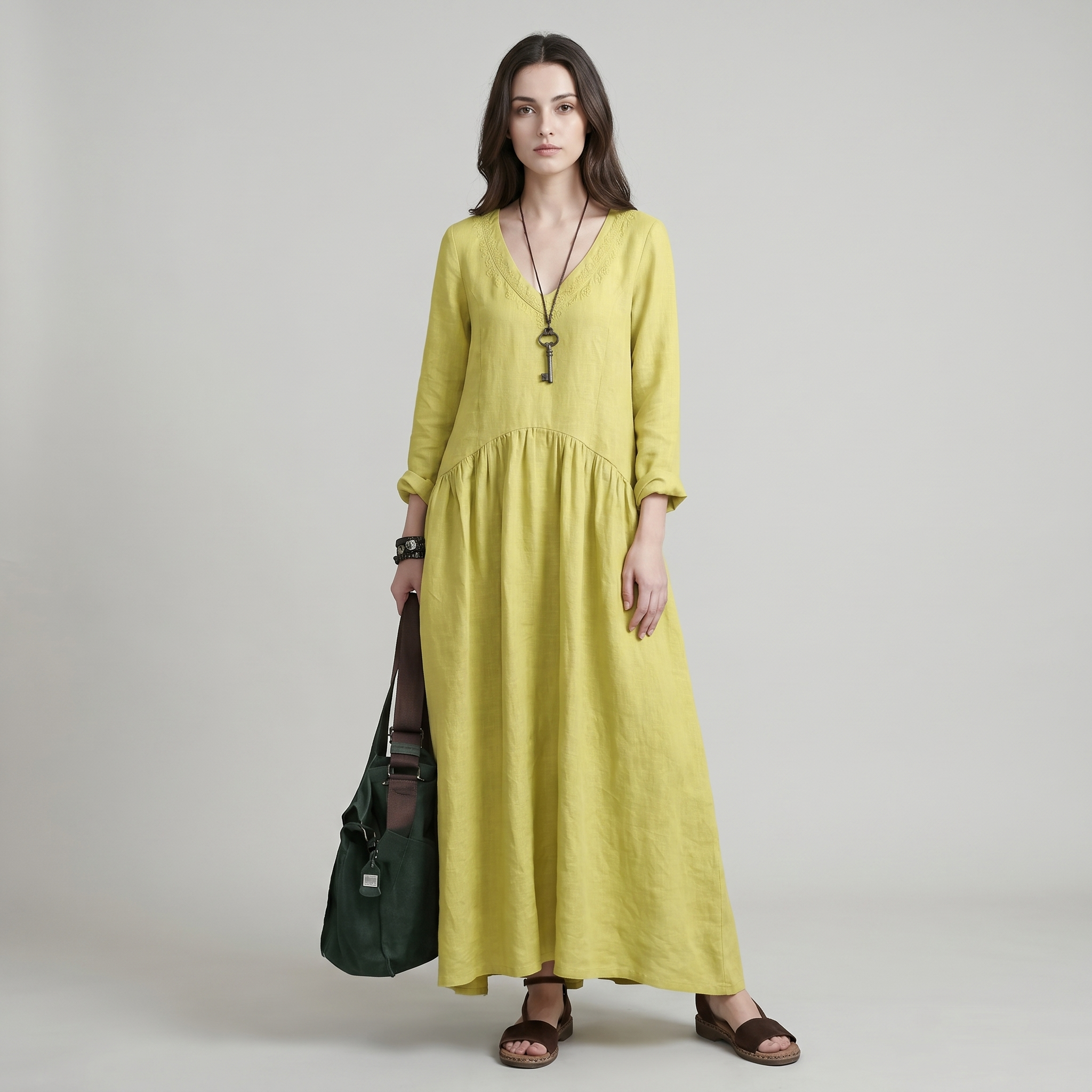Loose V-Neck Cotton Linen Maxi Dress