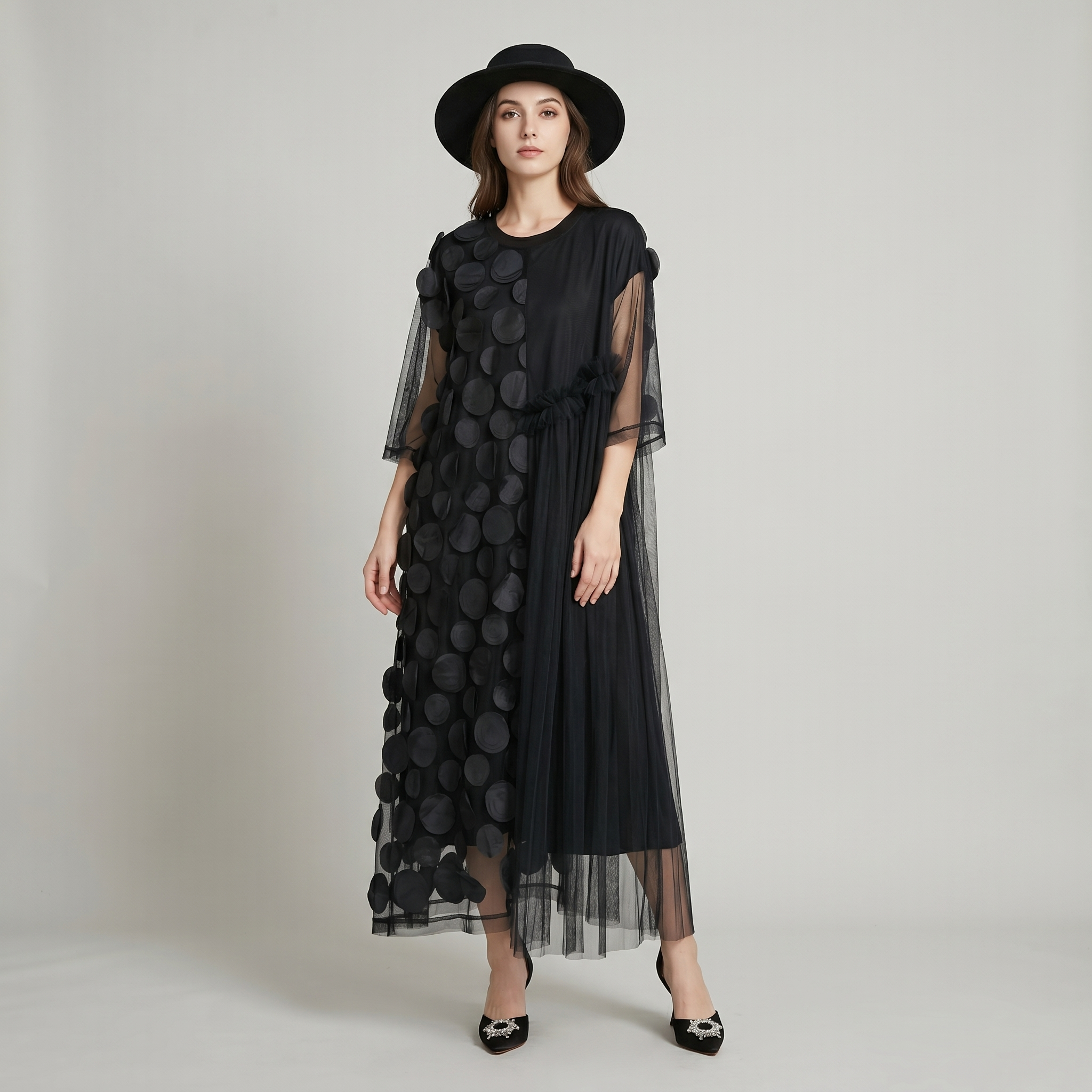 Black Tulle Asymmetrical Maxi Dress
