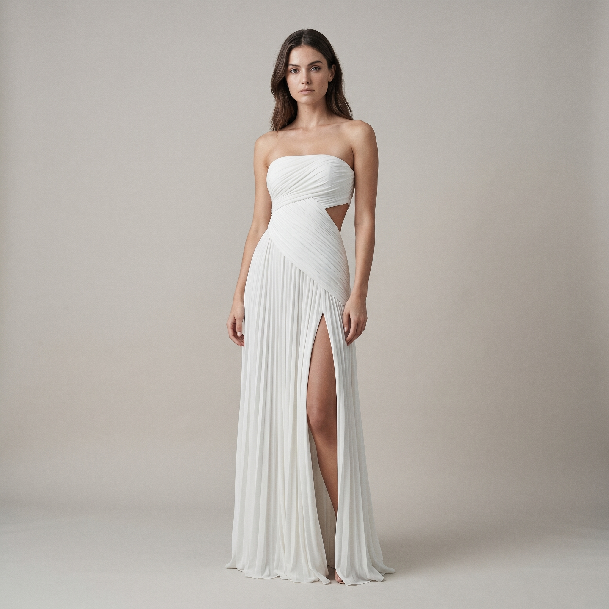 White Chiffon Strapless Pleated Maxi Dress