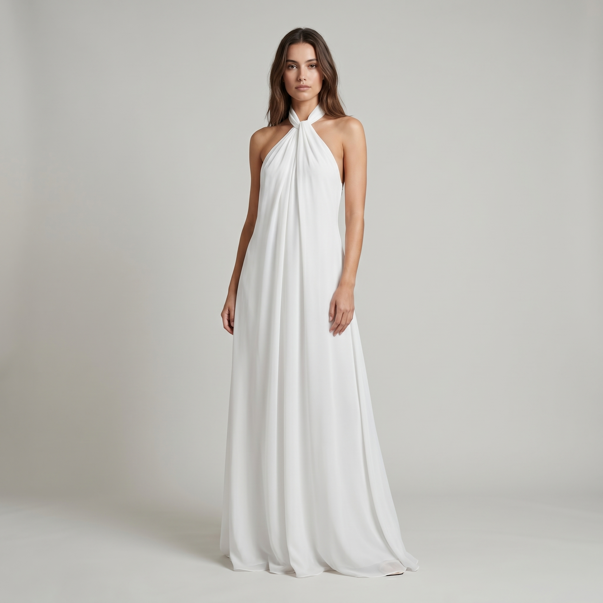 White Chiffon A-Line Halter Maxi Dress