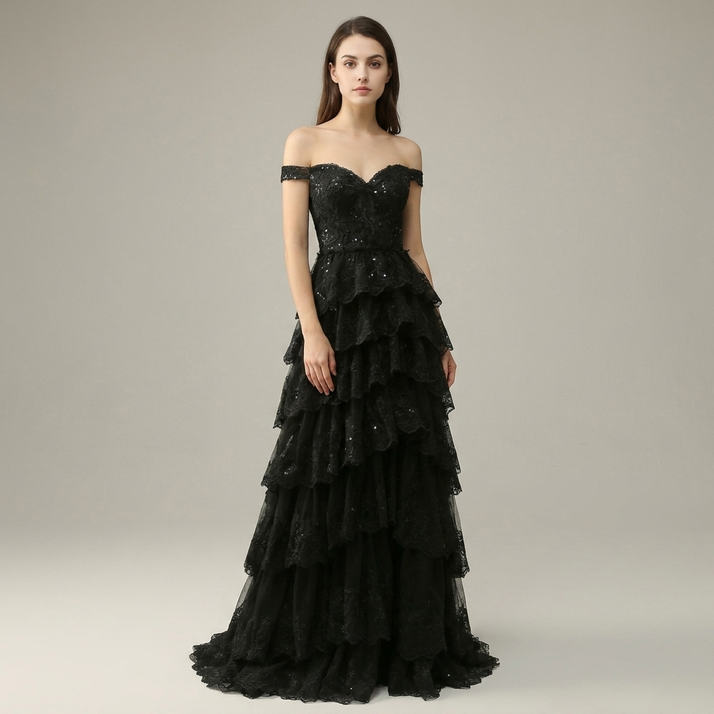 Black Off-Shoulder Tiered Formal Maxi Dress