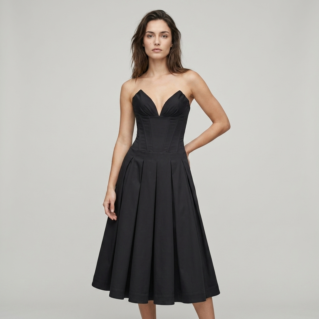 Katherine Black Off-Shoulder Corset Midi Dress