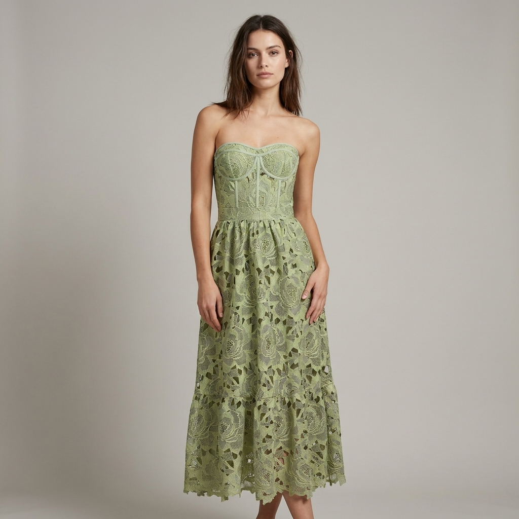 Elegant Green Embroidered Formal Midi Dress